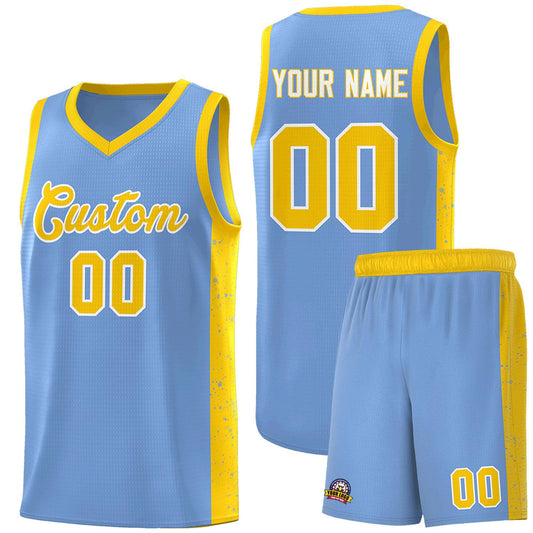 Custom Light Blue Gold-White Side Splash Sports Uniform Basketball Jersey