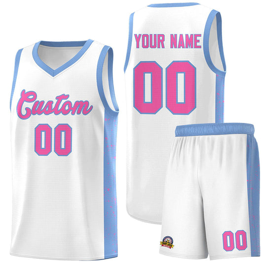 Custom White Pink-Light Blue Side Splash Sports Uniform Basketball Jersey