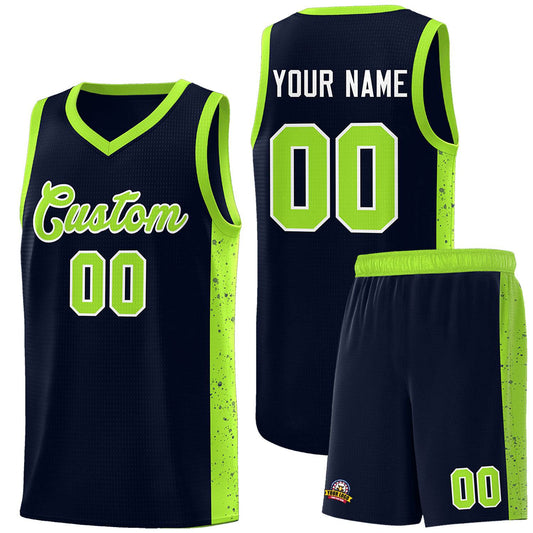 Custom Navy Neon Green-White Side Splash Sports Uniform Basketball Jersey